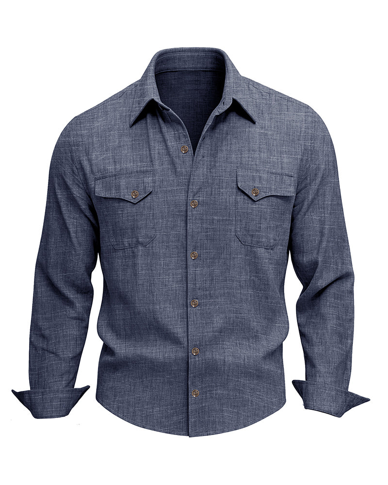 M-3XL Solid Color Casual Double Pocket Long Sleeve Levers Shirt