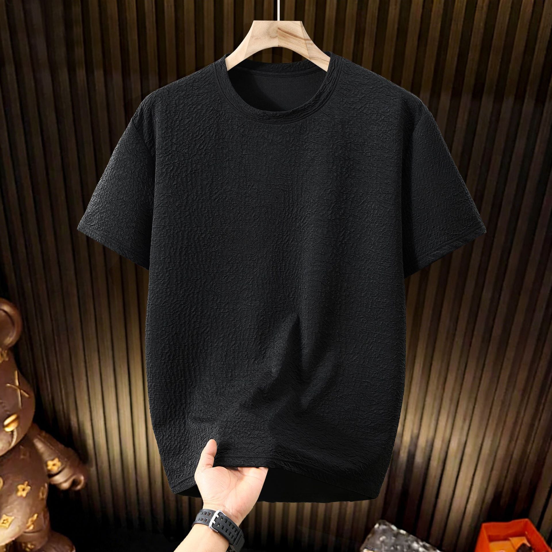 4XL-11X Quick-drying Pleated Texture Fabric Men's Large Size Short-sleeved T-shirt