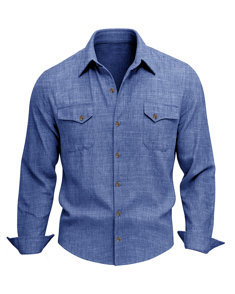M-3XL Solid Color Casual Double Pocket Long Sleeve Levers Shirt
