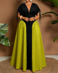 L-4XL Simple V-neck Solid Color Stitching Waist Mid-length Dress
