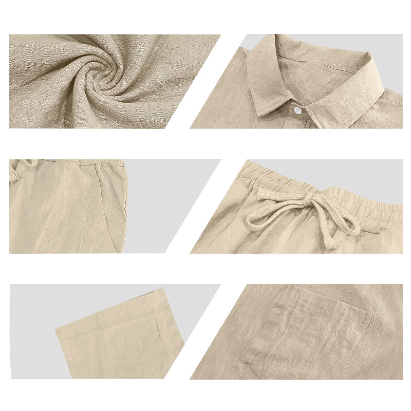 S-3XL Summer Linen Lapel Short Sleeve Shirt Casual Trousers Two-piece Set