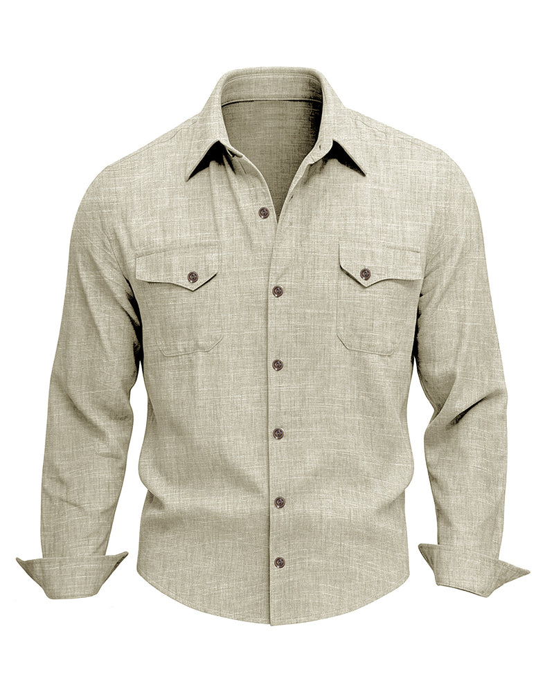 M-3XL Solid Color Casual Double Pocket Long Sleeve Levers Shirt