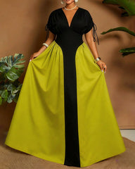 L-4XL Simple V-neck Solid Color Stitching Waist Mid-length Dress