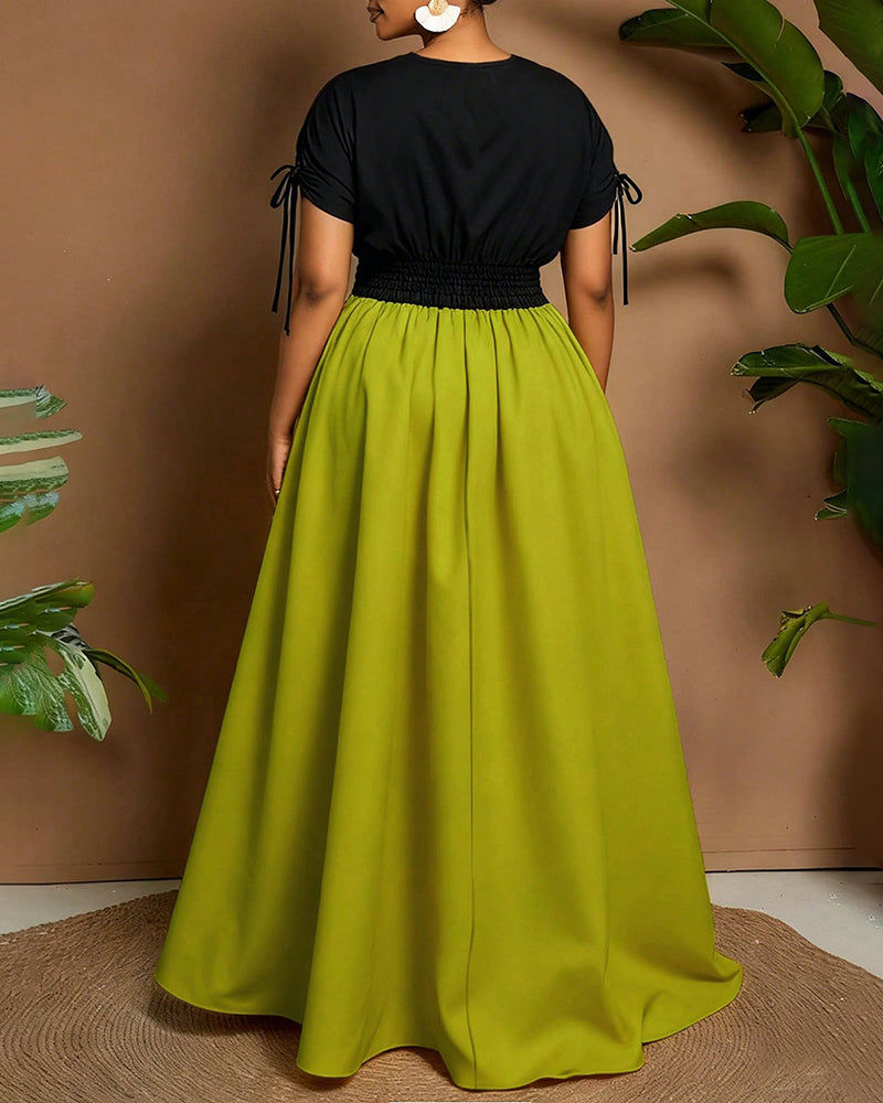 L-4XL Simple V-neck Solid Color Stitching Waist Mid-length Dress