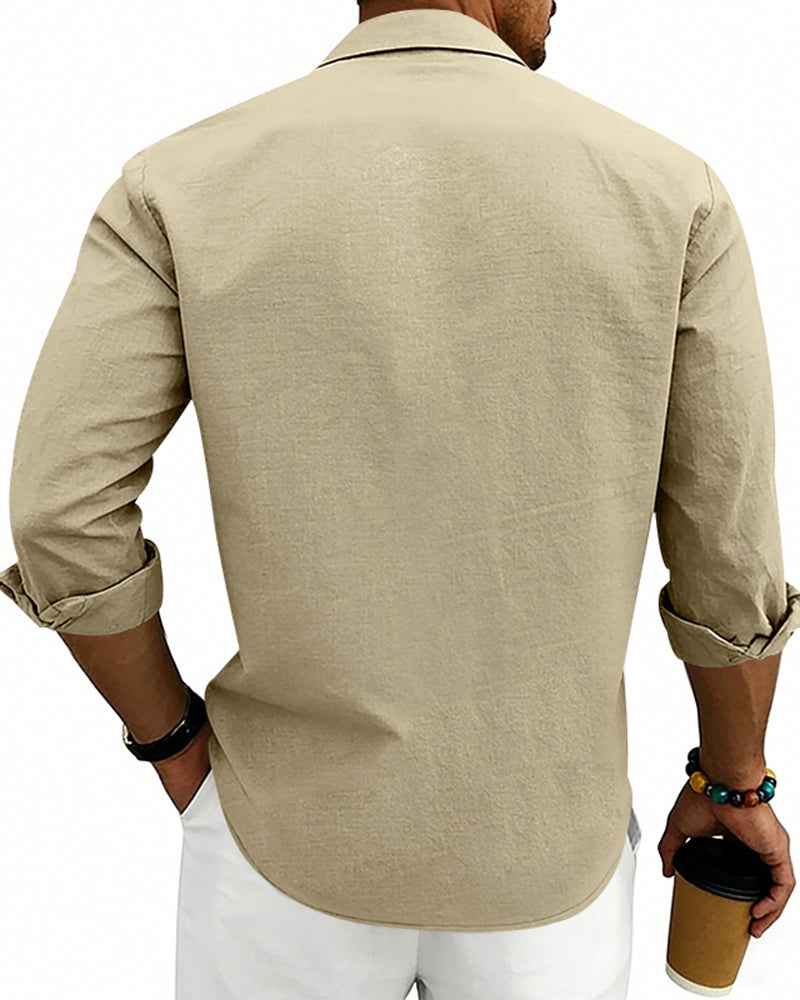 S-3XL Linen Solid Color Breathable Long Sleeve Shirt