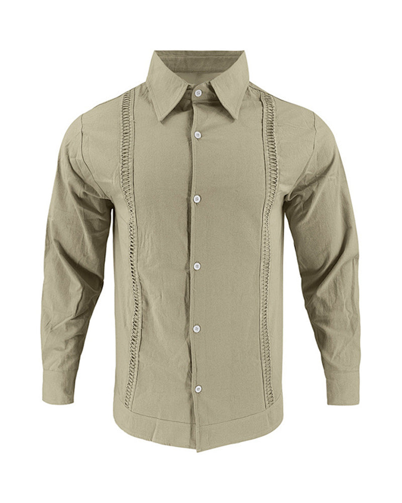 S-3XL Linen Solid Color Breathable Long Sleeve Shirt