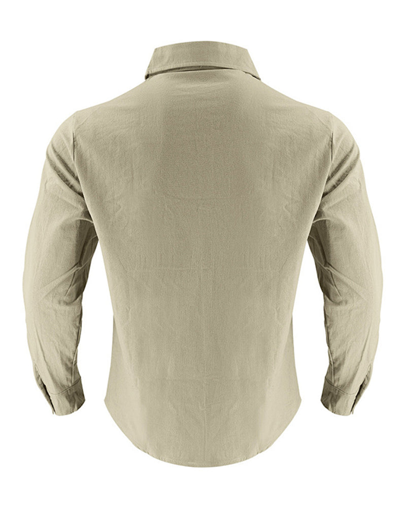 S-3XL Linen Solid Color Breathable Long Sleeve Shirt