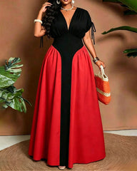 L-4XL Simple V-neck Solid Color Stitching Waist Mid-length Dress