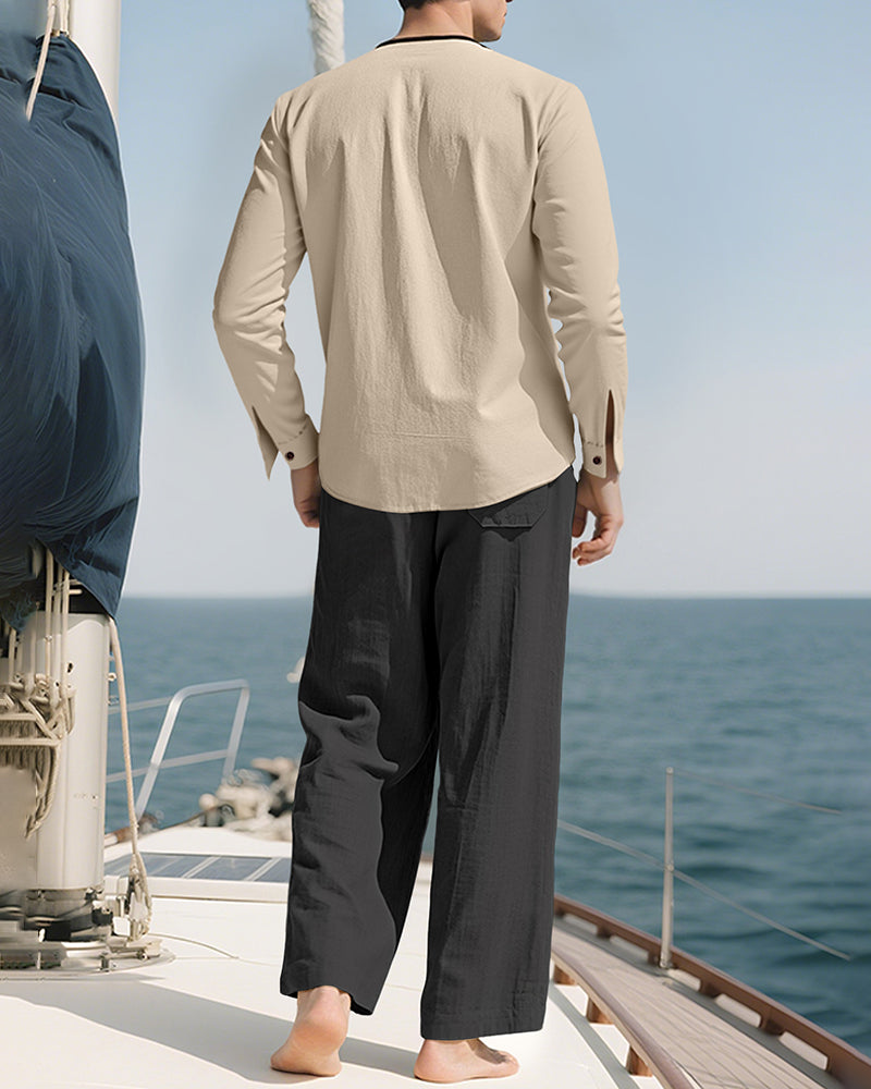 S-3XL Linen Breathable Long Sleeve Trousers Beach Suit