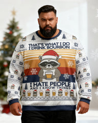 Big & Tall Men's Christmas Raccoon Whiskey Print Crewneck Ugly Sweater