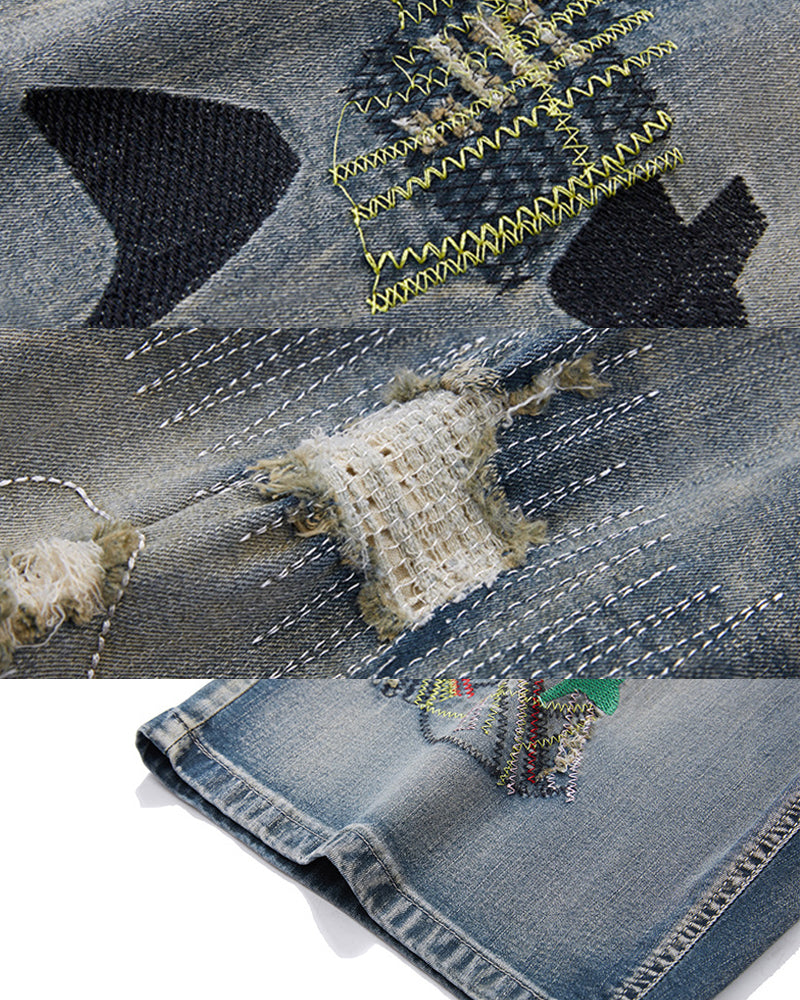 2XL-8XL Plus Size Stretch Patch Denim Shorts With Embroidered Holes