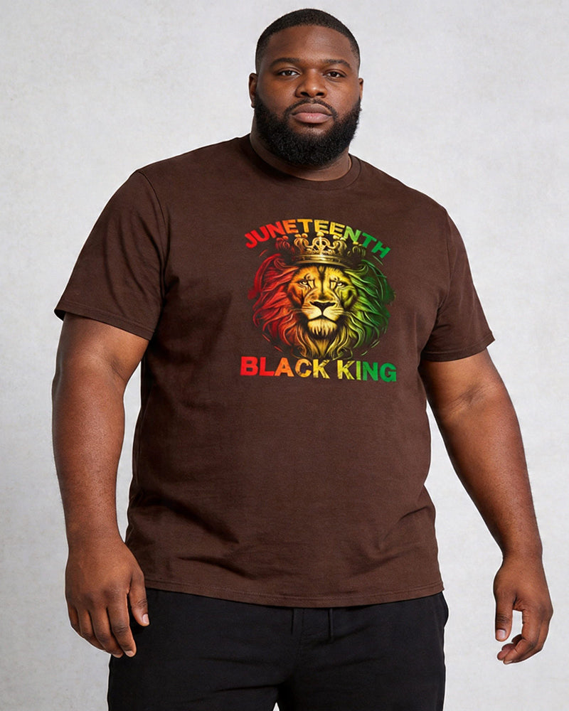 Big & Tall Men's Juneteenth Black King Red Yellow Green Lion Crown Print Round Neck Short Sleeve T-Shirt