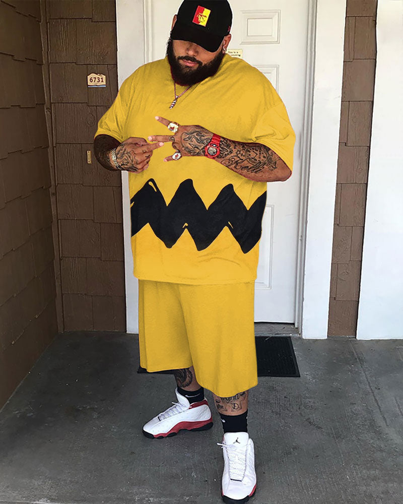 Big & Tall Men's Yellow Black Wave Print Round Neck Short Sleeve T-Shirt Shorts Set