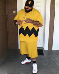 Big & Tall Men's Yellow Black Wave Print Round Neck Short Sleeve T-Shirt Shorts Set