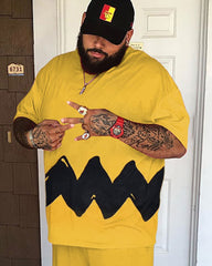 Big & Tall Men's Yellow Black Wave Print Round Neck Short Sleeve T-Shirt Shorts Set