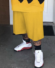 Big & Tall Men's Yellow Black Wave Print Round Neck Short Sleeve T-Shirt Shorts Set