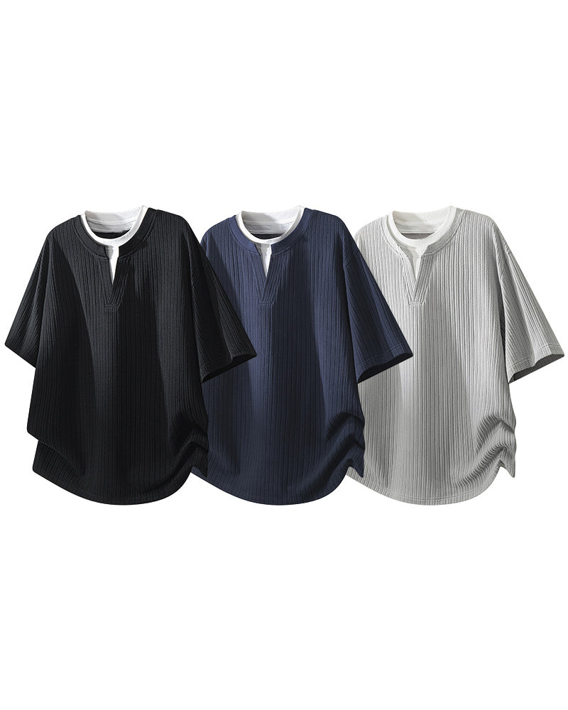 M-8XL Fake Two-Piece Henry Collar Short-Sleeve Tee