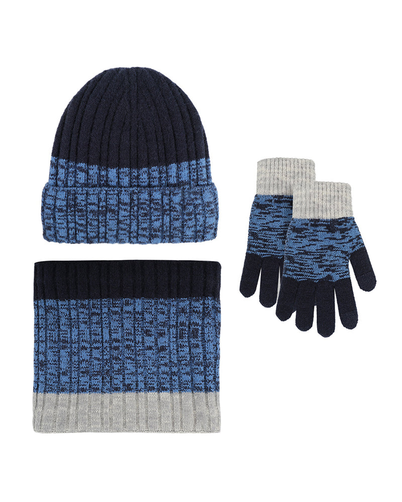 Outdoor Thickened Gradient Contrast Hat Scarf Gloves Knitted Set