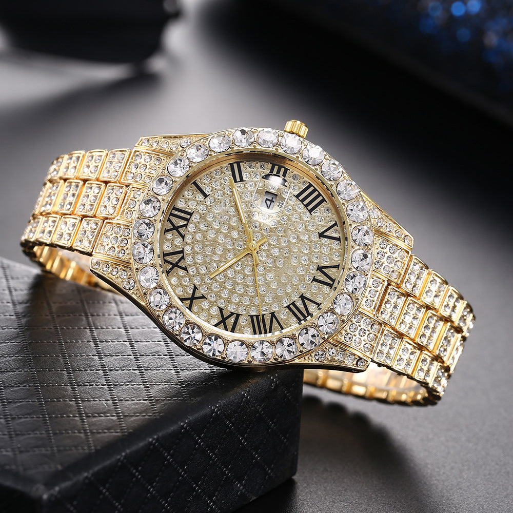 Full Diamond Fashion Rhinestone Calendar Quartz Men's Watch
