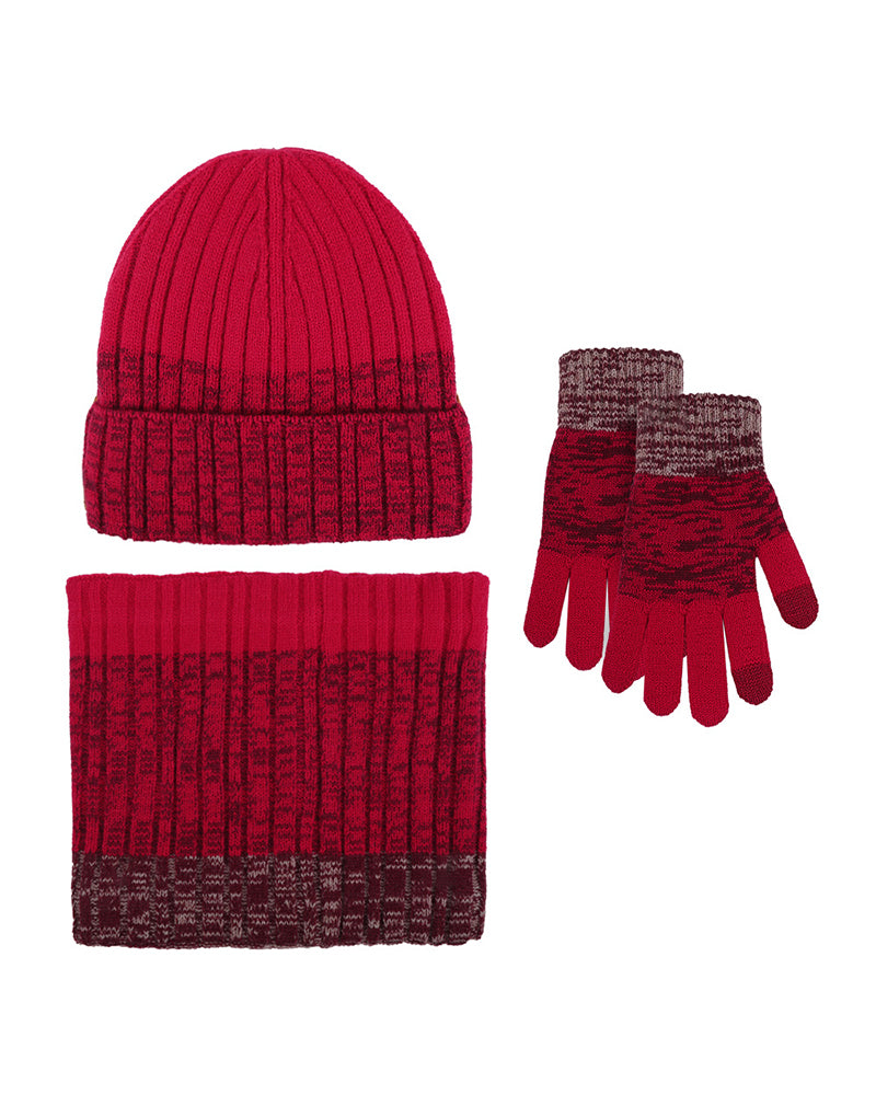 Outdoor Thickened Gradient Contrast Hat Scarf Gloves Knitted Set