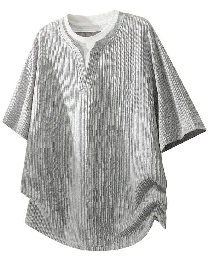 M-8XL Fake Two-Piece Henry Collar Short-Sleeve Tee