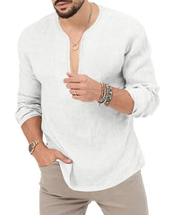 S-3XL Cotton Linen Deep V-Neck Solid Color Long Sleeve T-Shirt