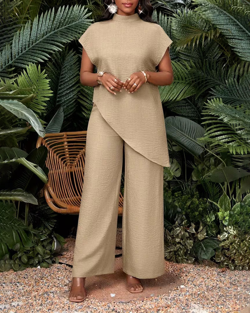 S-2XL Casual Solid Color Asymmetric Top Pants Set