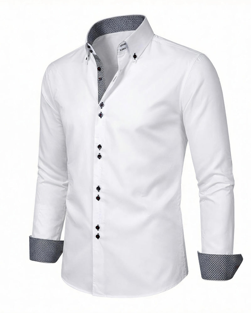 XS-3XL Business Casual Long Sleeve Stretch Double-breasted Colorblock Shirt-Ironing Free