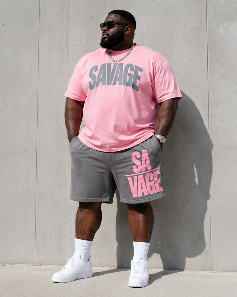 Big & Tall Men's SAVAGE Alphabet Print Round Neck Short Sleeve T-Shirt Shorts Set