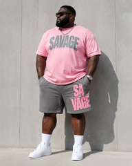 Big & Tall Men's SAVAGE Alphabet Print Round Neck Short Sleeve T-Shirt Shorts Set