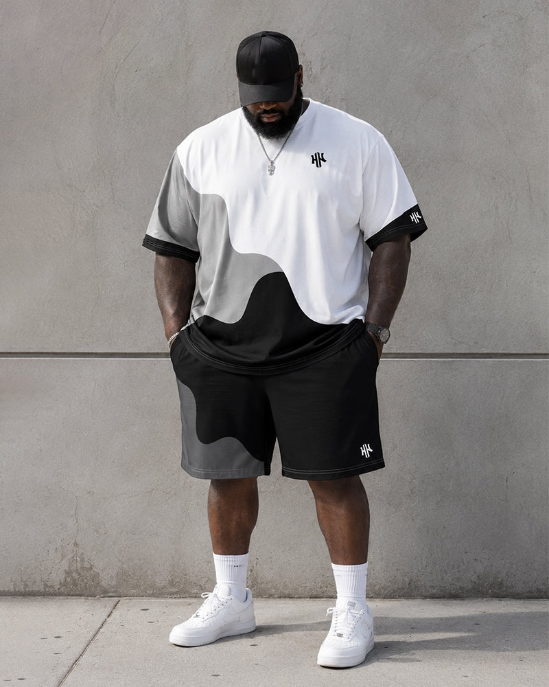 Big & Tall Men's Black And White Gray Gradient Wave Stitching Printed Round Neck Short Sleeve T-shirt Shorts Set