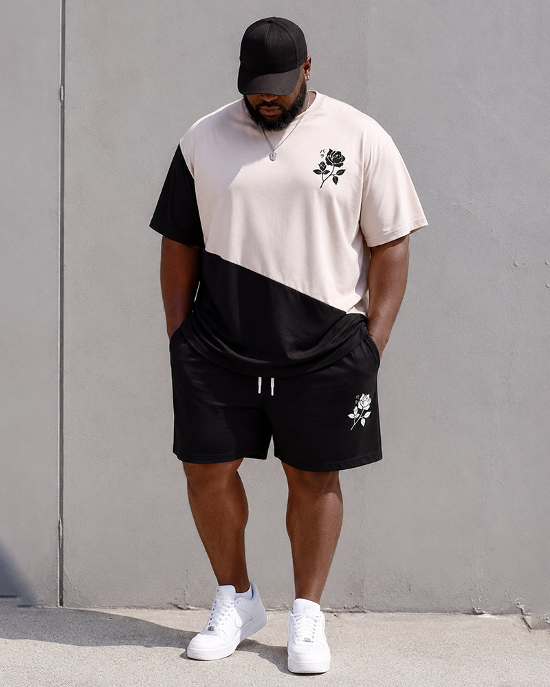 Big & Tall Men's Contrast Rose Print Round Neck Short Sleeve T-Shirt Shorts Set