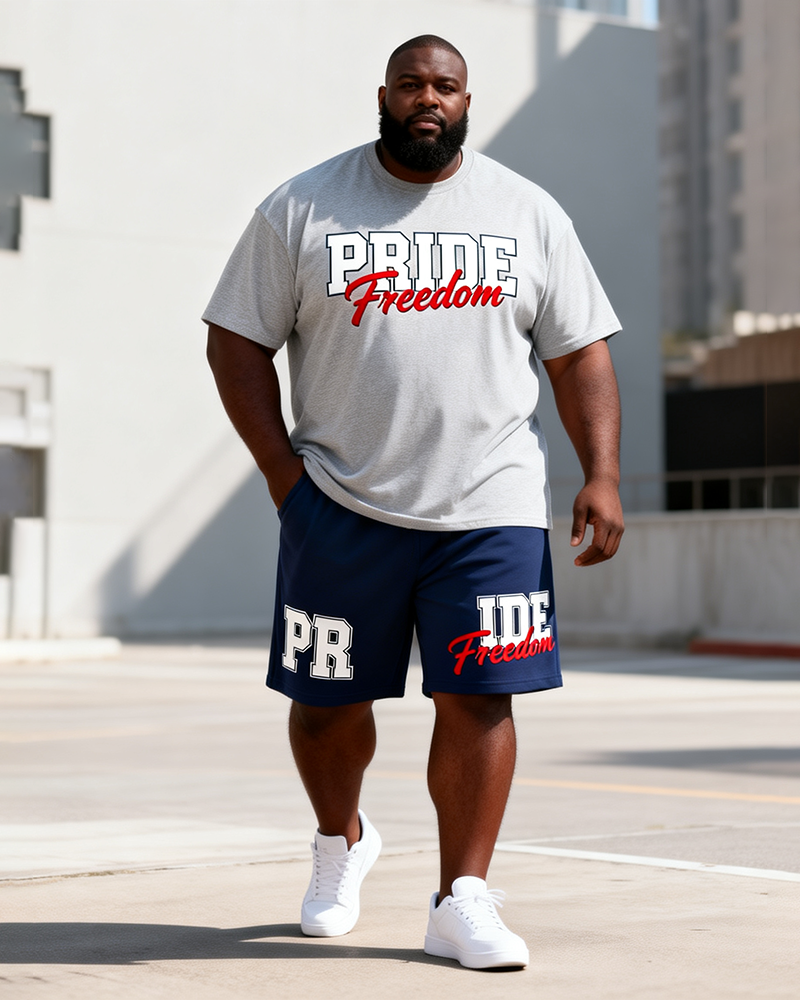 Big & Tall Men's PRIDE Freedom Letter Print Round Neck Short Sleeve T-Shirt Shorts Set