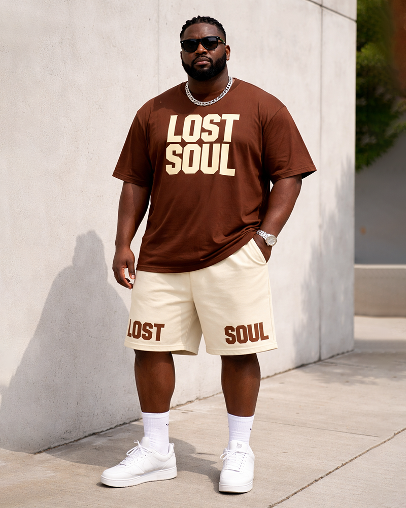 Big & Tall Men's LOST SOUL Alphabet Print Round Neck Short Sleeve T-Shirt Shorts Set