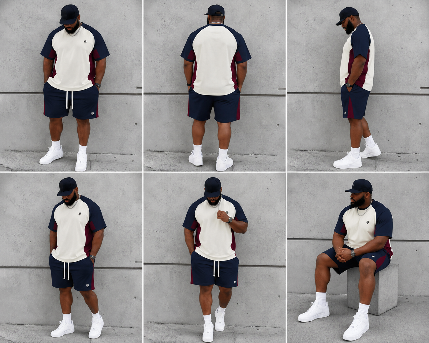 Big & Tall Men's Navy Blue Stitching Contrast Printed Crew Neck Short Sleeve T-shirt Shorts Set