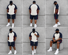 Big & Tall Men's Navy Blue Stitching Contrast Printed Crew Neck Short Sleeve T-shirt Shorts Set