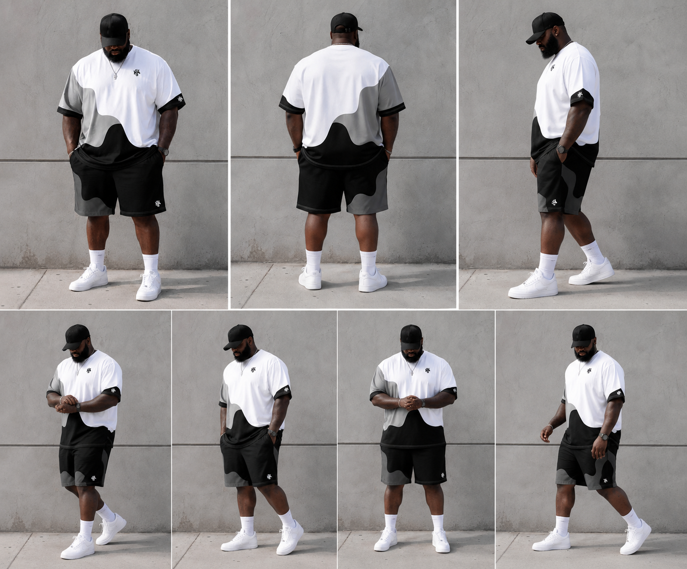Big & Tall Men's Black And White Gray Gradient Wave Stitching Printed Round Neck Short Sleeve T-shirt Shorts Set