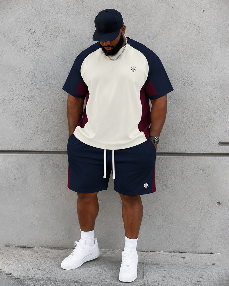 Big & Tall Men's Navy Blue Stitching Contrast Printed Crew Neck Short Sleeve T-shirt Shorts Set