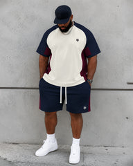 Big & Tall Men's Navy Blue Stitching Contrast Printed Crew Neck Short Sleeve T-shirt Shorts Set