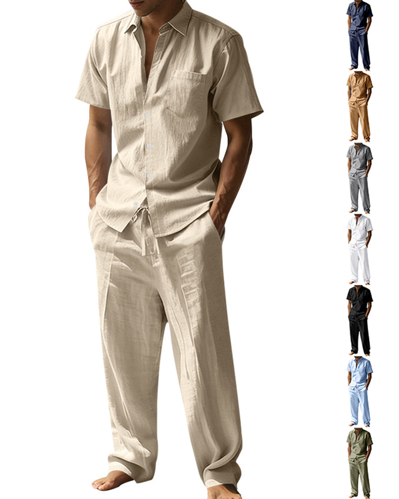 S-3XL Summer Linen Lapel Short Sleeve Shirt Casual Trousers Two-piece Set