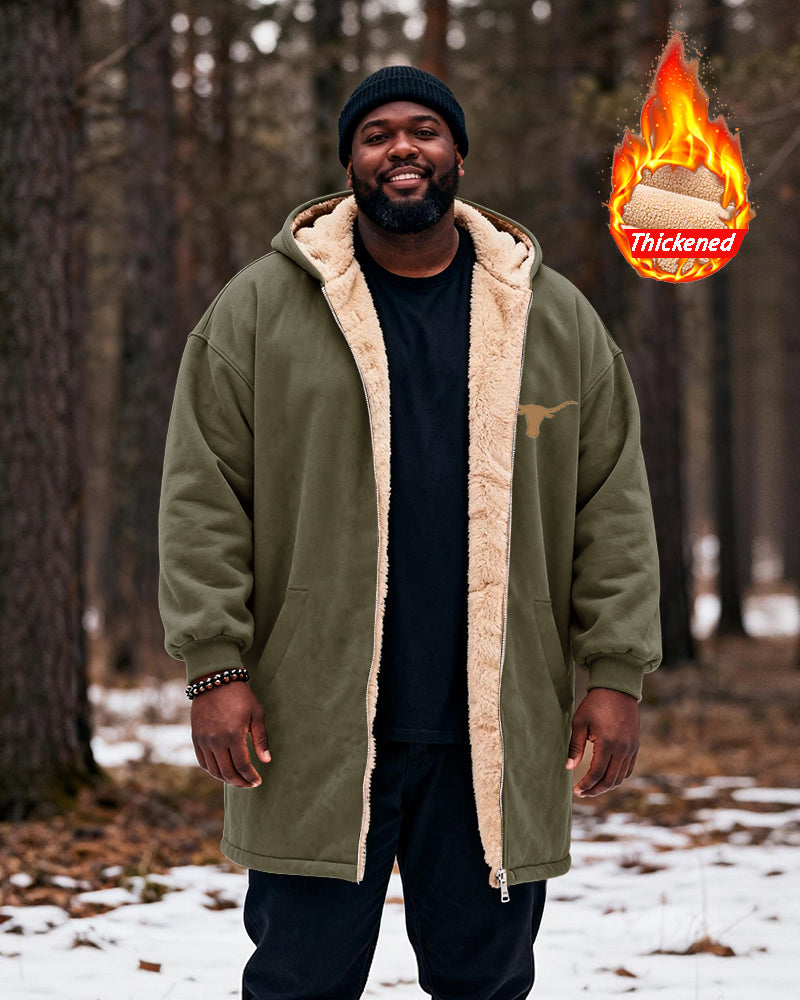 Big & Tall Men's Hunting Style Bull Totem Print Velvet Thickened Long Hooded Coat