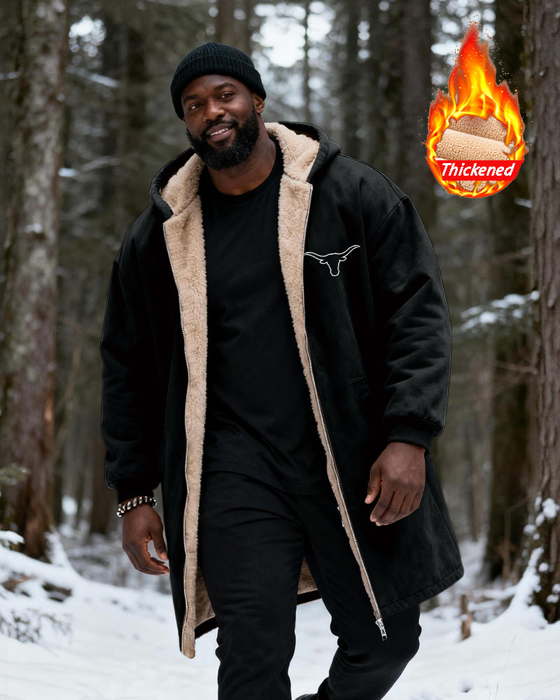 Big & Tall Men's Hunting Style Bull Totem Print Velvet Thickened Long Hooded Coat