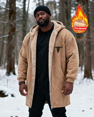 Big & Tall Men's Hunting Style Bull Totem Print Velvet Thickened Long Hooded Coat