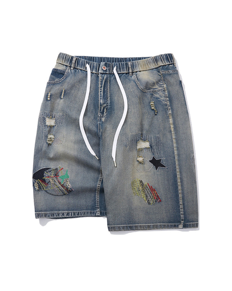 2XL-8XL Plus Size Stretch Patch Denim Shorts With Embroidered Holes