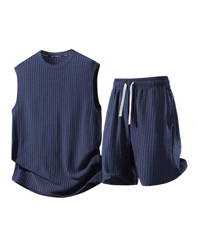 S-8XL Men's Solid-Color Ribbed Sleeveless Vest and Shorts Two-Piece Set