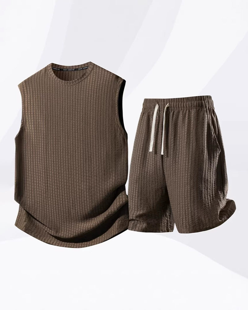 S-8XL Men's Solid-Color Ribbed Sleeveless Vest and Shorts Two-Piece Set
