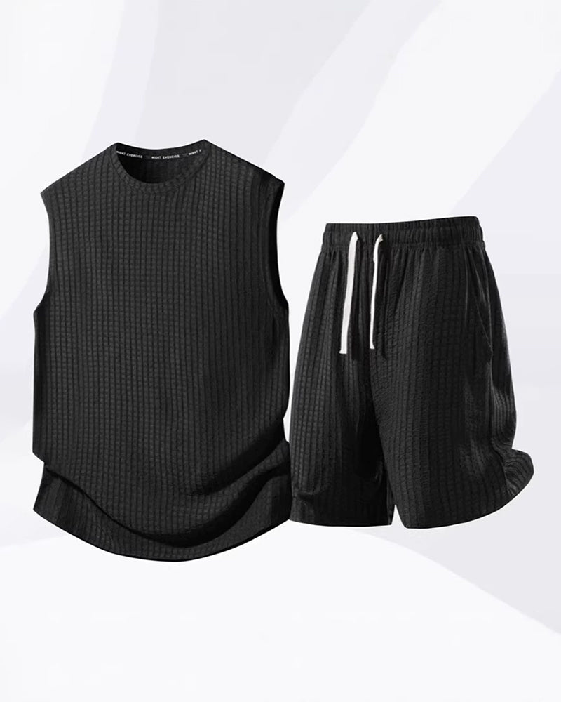 S-8XL Men's Solid-Color Ribbed Sleeveless Vest and Shorts Two-Piece Set