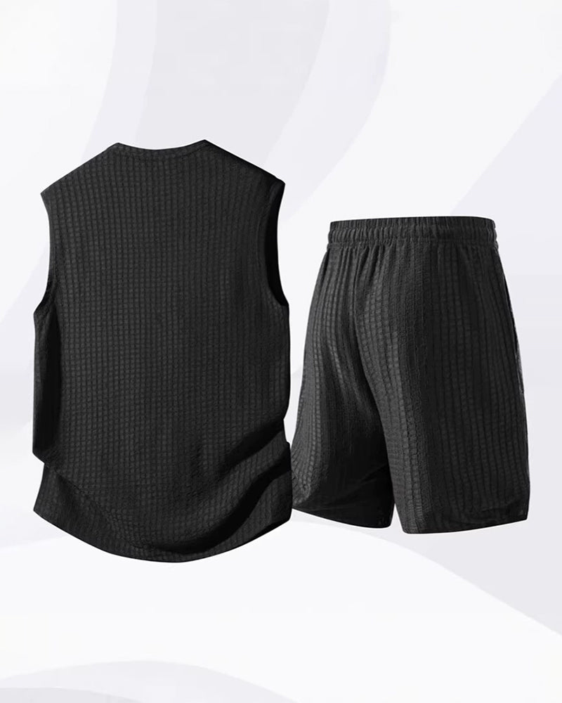 S-8XL Men's Solid-Color Ribbed Sleeveless Vest and Shorts Two-Piece Set