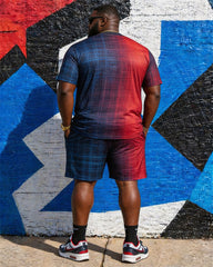 Big & Tall Men's Red And Blue Gradient Plaid Flag Printed Crewneck Short Sleeve T-Shirt Shorts Set
