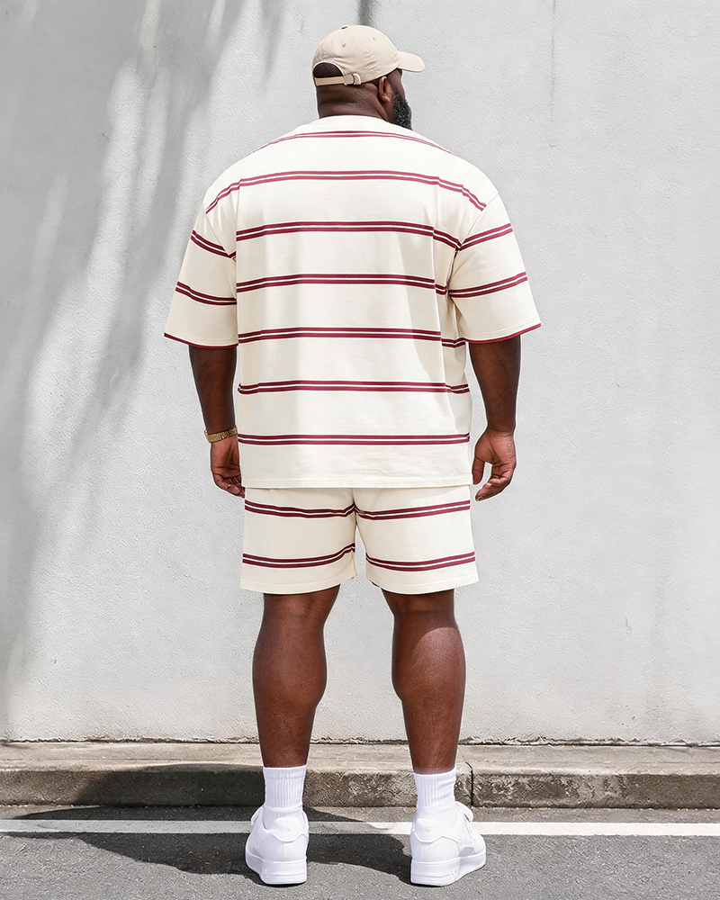 Big & Tall Men's Wine Red Horizontal Stripe New York Printed Round Neck Short Sleeve T-Shirt Shorts Set